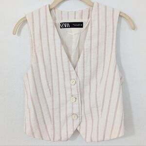 Zara Striped Button Front Suit Vest Tank Cropped V Neck Beige Red Small S